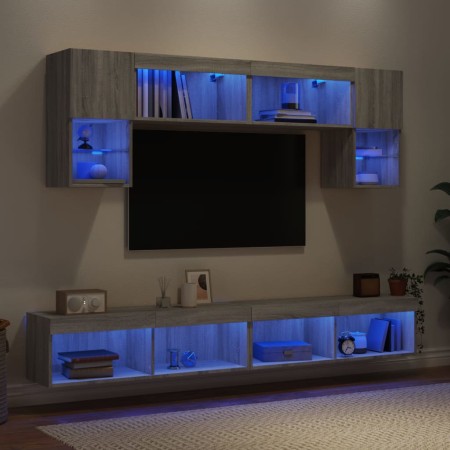 Muebles TV pared con LED 6 pzas madera ingeniería gris Sonoma