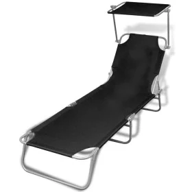 Folding sun lounger with canopy, steel frame and black fabric by vidaXL, Loungers - Ref: Foro24-41197, Price: 60,69 €, Discou...