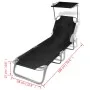 Folding sun lounger with canopy, steel frame and black fabric by vidaXL, Loungers - Ref: Foro24-41197, Price: 60,69 €, Discou...