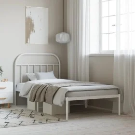 Metal bed frame with white headboard 100x190 cm by vidaXL, Beds and slatted bases - Ref: Foro24-353678, Price: 68,75 €, Disco...