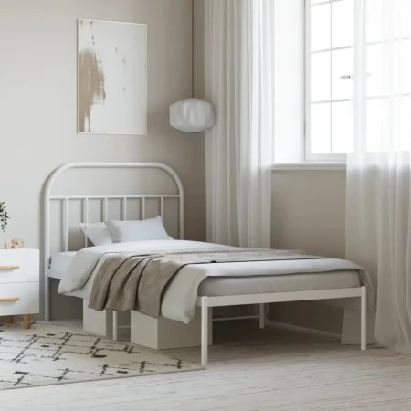 Metal bed frame with white headboard 100x190 cm by vidaXL, Beds and slatted bases - Ref: Foro24-353678, Price: 68,72 €, Disco...