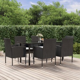 Set de comedor de jardín 7 pzas y cojines ratán sintético negro