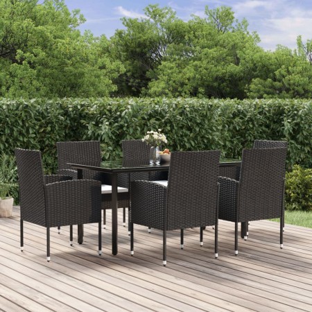 Set de comedor de jardín 7 pzas y cojines ratán sintético negro