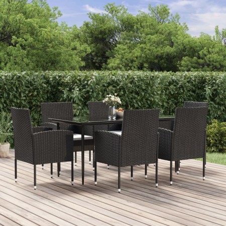 Set de comedor de jardín 7 pzas y cojines ratán sintético negro