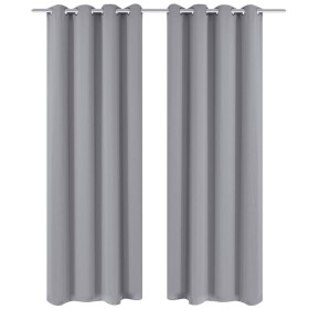 2 cortinas grises oscuras con anillas metálicas, blackout 135 x