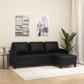 Sofá de 3 plazas con taburete cuero sintético negro 180 cm