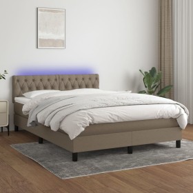 Cama box spring colchón y luces LED tela gris taupe 140x190 cm