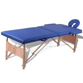 Camilla de masaje plegable 2 zonas estructura de madera azul