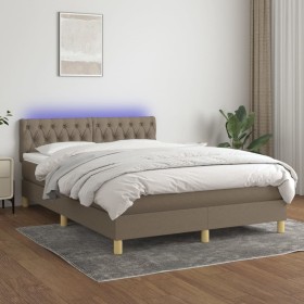 Cama box spring colchón y luces LED tela gris taupe 140x190 cm