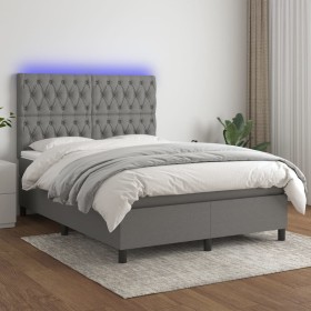 Cama box spring colchón y luces LED tela gris oscuro 140x200 cm