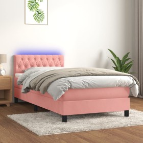 Cama box spring colchón y LED terciopelo rosa 100x200 cm