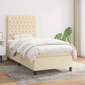 Cama box spring con colchón tela color crema 90x200 cm