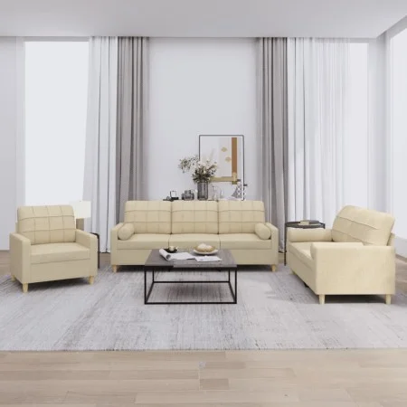 Sofa set with cushions 3 pieces cream fabric by , Sofas - Ref: Foro24-3201260, Price: 611,69 €, Discount: %