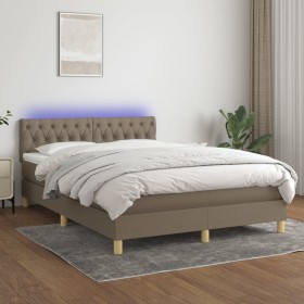 Cama box spring con colchón LED tela gris taupe 140x200 cm