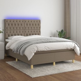 Cama box spring colchón y luces LED tela gris taupe 140x190 cm