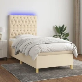 Box spring bed mattress and LED lights cream fabric 90x200 cm by , Beds and slatted bases - Ref: Foro24-3135650, Price: 345,9...