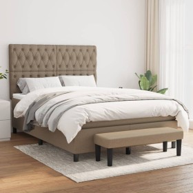 Cama box spring con colchón tela gris taupe 140x190 cm