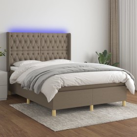 Cama box spring colchón y luces LED tela gris taupe 140x200 cm