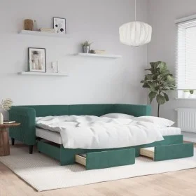 Trundle sofa bed with drawers dark green velvet 100x200 cm by , Beds and slatted bases - Ref: Foro24-3197852, Price: 470,38 €...