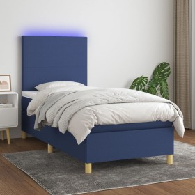 Cama box spring colchón y luces LED tela azul 80x200 cm