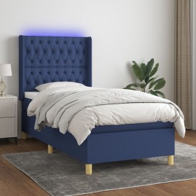 Cama box spring colchón y luces LED tela azul 90x190 cm