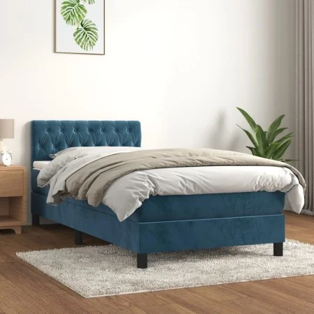 Box spring bed with dark blue velvet mattress 100x200 cm by , Beds and slatted bases - Ref: Foro24-3141471, Price: 318,61 €, ...