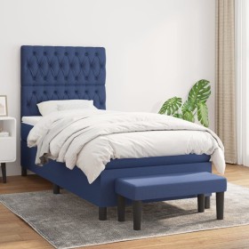 Cama box spring con colchón tela azul 90x190 cm