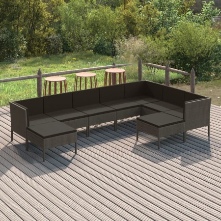 Set de muebles de jardín 9 pzas y cojines ratán sintético gris