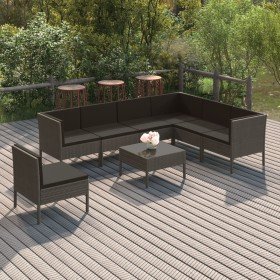 Set de muebles de jardín 8 pzas y cojines ratán sintético gris Set de muebles de jardín 8 pzas y cojines ratán sintético gris