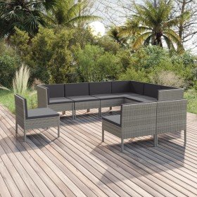 Set de muebles de jardín 9 pzas y cojines ratán sintético gris en Conjuntos de jardín | Comprar online en Foro24