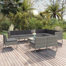 Set de muebles de jardín 11 pzas y cojines ratán sintético gris