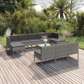 Set de muebles de jardín 11 pzas y cojines ratán sintético gris