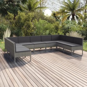 Set de muebles de jardín 9 pzas y cojines ratán sintético gris