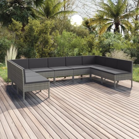 Set de muebles de jardín 9 pzas y cojines ratán sintético gris