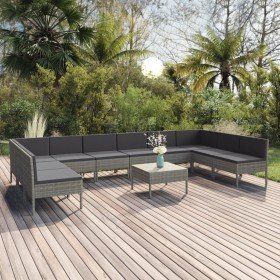 Set de muebles de jardín 11 pzas y cojines ratán sintético gris