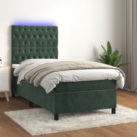 Cama box spring colchón y LED terciopelo verde oscuro 90x190 cm