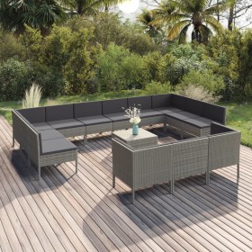 Set de muebles de jardín 14 pzas y cojines ratán sintético gris