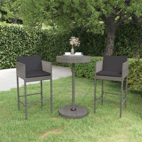 Set muebles bar jardín 3 piezas y cojines ratán sintético gris Set muebles bar jardín 3 piezas y cojines ratán sintético gris