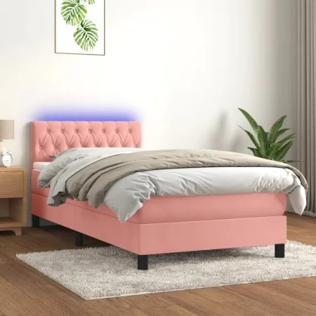 Cama box spring colchón y LED terciopelo rosa 90x190 cm de , Camas y somieres - Ref: Foro24-3134560, Precio: 324,30 €, Descue...