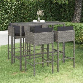Set muebles de bar jardín 5 pzas y cojines ratán sintético gris en Conjuntos de jardín | Comprar online en Foro24