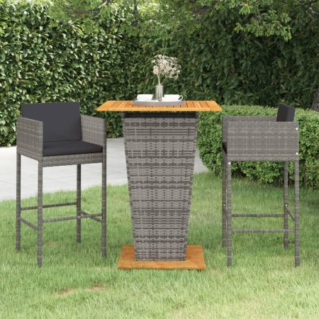 Set de muebles bar jardín 3 pzas y cojines ratán sintético gris