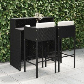 Set muebles bar jardín 3 piezas y cojines ratán sintético negro