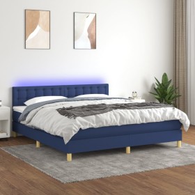 Cama box spring con colchón y LED tela azul 160x200 cm