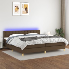 Cama box spring con colchón LED tela marrón oscuro 200x200 cm