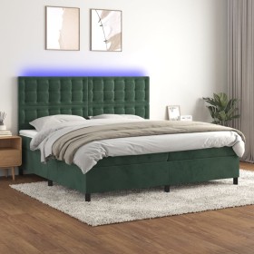 Cama box spring colchón y LED terciopelo verde oscuro 200x200cm