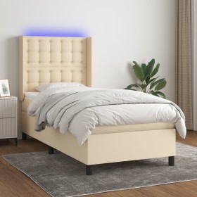 Cama box spring colchón y luces LED tela crema 90x