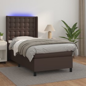Cama box spring colchón y LED cuero sintético marr
