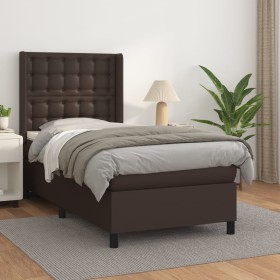 Cama box spring con colchón cuero sintético marrón