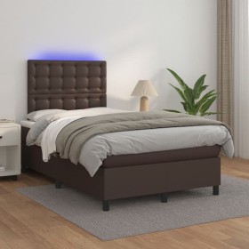 Cama box spring colchón y LED cuero sintético marrón 120x200 cm