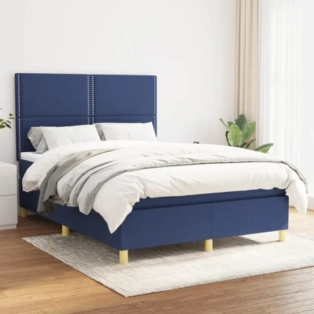 Box spring bed with blue fabric mattress 140x190 cm by , Beds and slatted bases - Ref: Foro24-3142255, Price: 478,58 €, Disco...